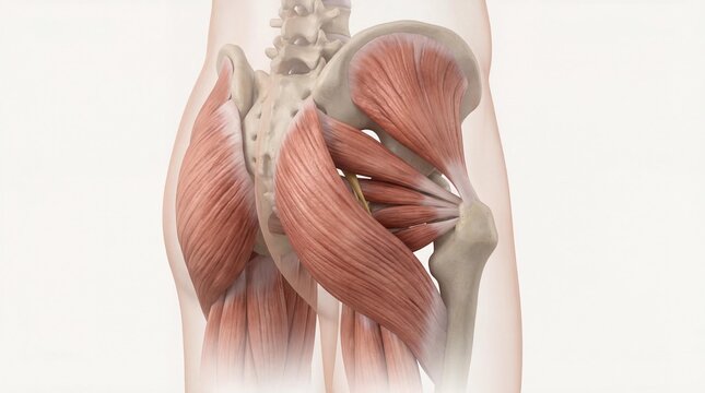 Semi transparent body visualization showing glute muscles under skin