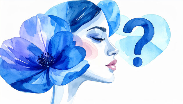 Self Doubt Abstract Concept Watercolor Woman Face Profile with Blue Flower and Question Mark