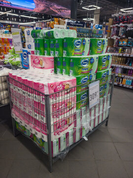 Vladivostok, Russia - February 17, 2026: Sambury Hypermarket. Zewa toilet paper displayed in a retail store on a metal rack with colorful packaging and price tag
