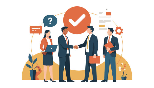 Business partners shake hands to finalize a successful agreement with a checkmark.