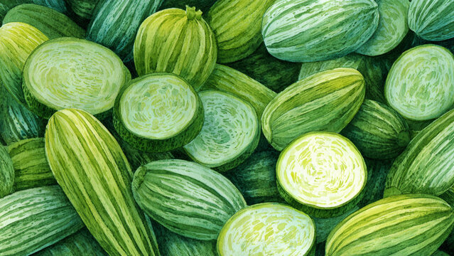 Hand-painted watercolor illustration of zucchini in full frame composition, dense overlapping whole and sliced vegetables with soft green tones and natural texture, ideal for food background.