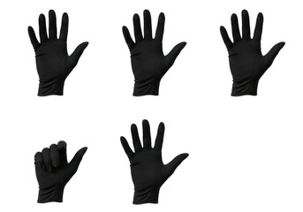 Fototapeta premium Six black gloves in various poses isolated on transparent background