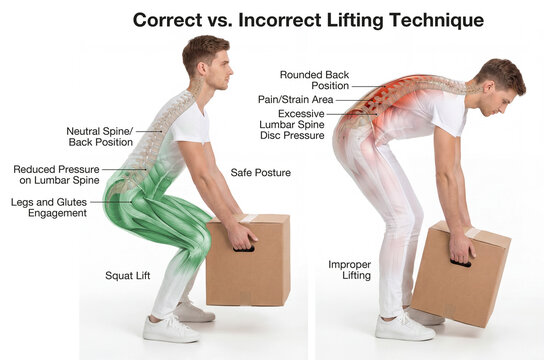 Correct and Incorrect Lifting Technique Comparison with Highlighted Spine Stress. Illustration