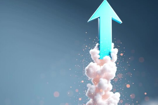 a blue arrow pointing upwards, from under which a cloud of white smoke or steam rises. The background is blurry, blue in color.