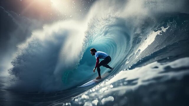 Video of surfer riding massive wave with water spray and motion showing power speed balance and intense ocean sport action