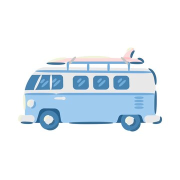 Animated cartoon van with surfboard on roof in blue retro style showing summer travel beach adventure and road trip concept
