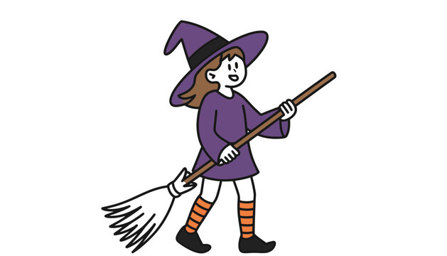 A young witch in a purple dress and hat rides a broomstick.