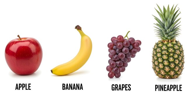 fruits apple banana grapes pineapple with names for children's education