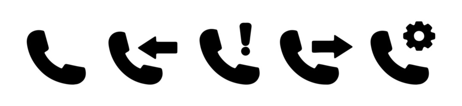 Phone call icons, solid glyph style phone symbols, incoming outgoing call arrows, communication symbol, vector illustration