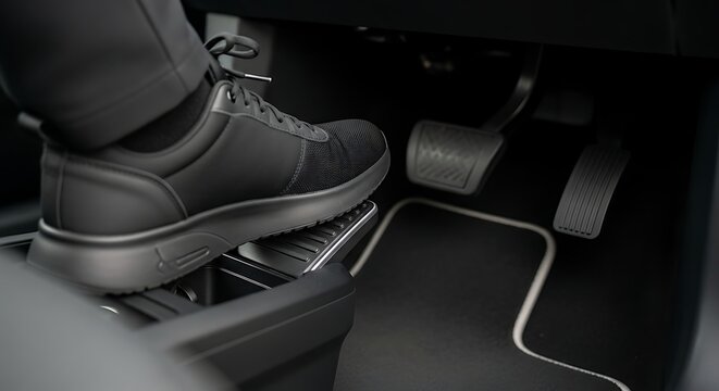 Foot on the Accelerator Pedal of a Modern Car Safe Driving and Vehicle Control on the Road for Smooth Start and Acceleration