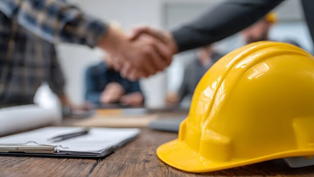 Realistic desk scene with yellow safety helmet, calculator, and cost estimate sheets, background contractors shake hands after agreeing on project budget contract