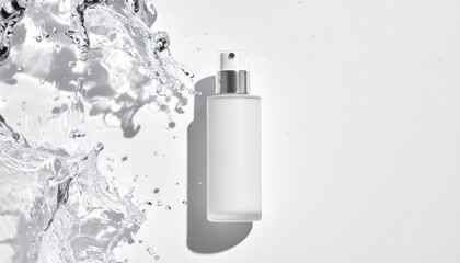 A sleek cosmetic bottle with refreshing water splashes. The clear water creates dynamic movement, embodying freshness and purity