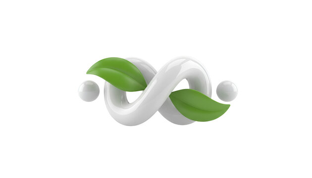 3d white infinity symbol with green leaves isolated on transparent background