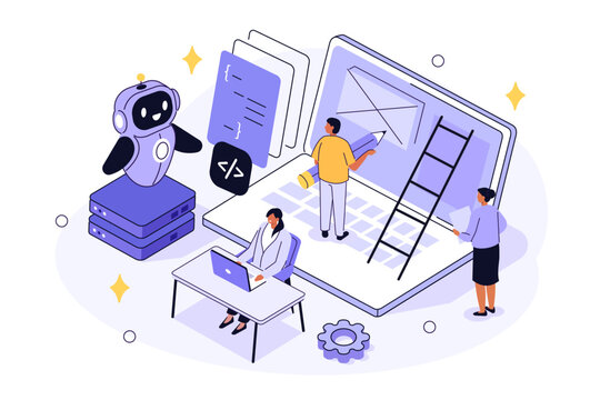 Creative team using ai agent for web design, prototyping, development. Artificial intelligence assisted business. Vector isometric illustration.
