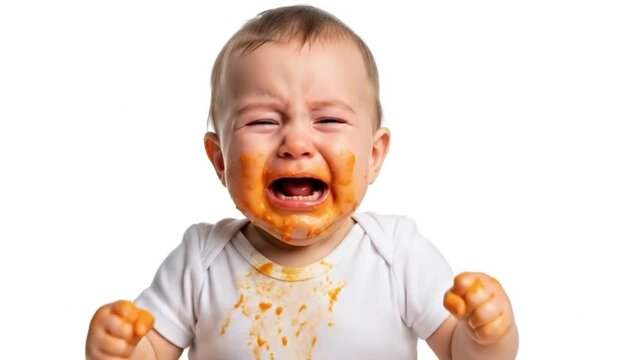 The dramatic tragedy of first meals! A cute little baby crying loudly with orange puree smeared all over its face, hands, and white shirt. Studio portrait footage.