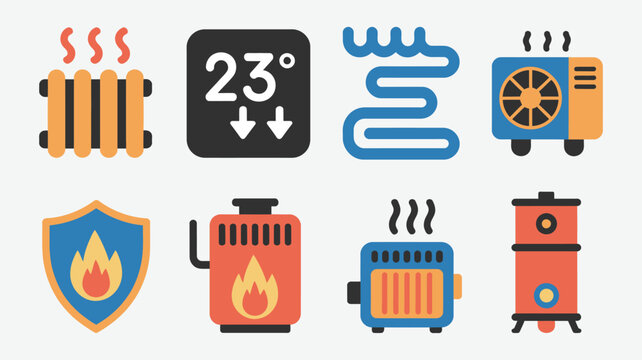 Heating system components flat vector icons, radiator heater, wall thermostat screen, underfloor heating coil, heat pump unit, gas boiler badge, furnace flames, electric heater fan, hot water system i