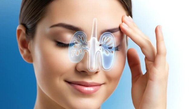 Instant relief from sinus pain! A medical animation showing a woman's inflamed red nasal sinuses transforming into cool soothing blue while she touches her aching forehead. 3D anatomical footage.