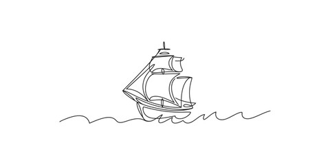 A continuous line drawing of a sailing ship on waves one art minimalist illustration boat © SR