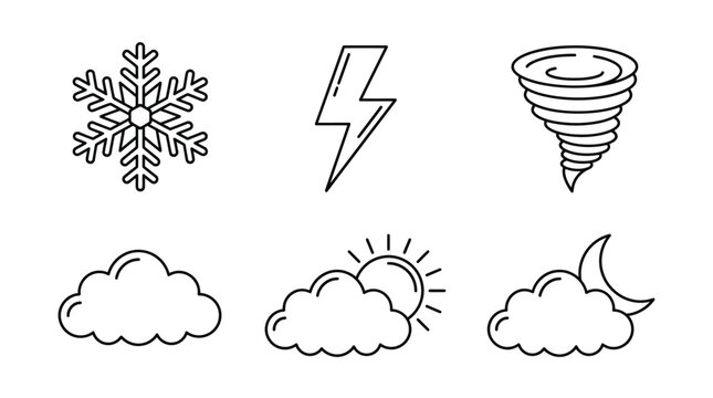 Weather icons for various conditions including clouds, sun, moon, snowflake, lightning, tornado