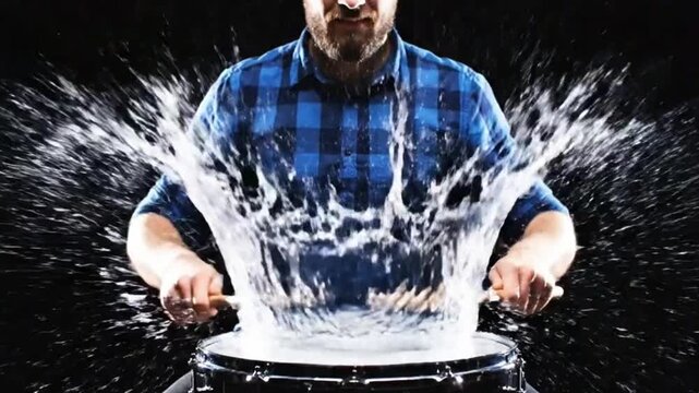 Man playing drum with water splashing.