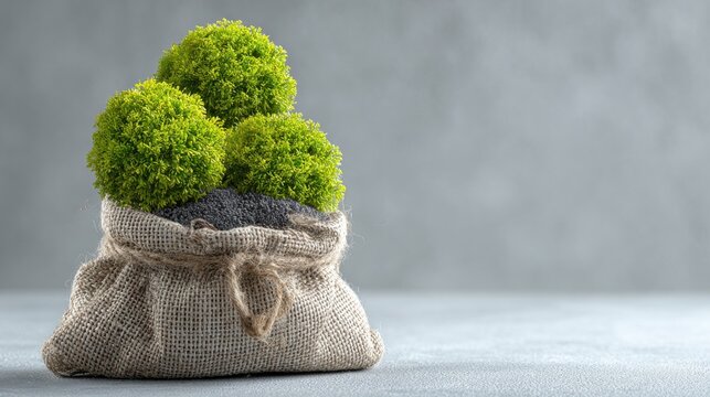 Brown bag of fertile soil accompanied by a lush green plant representing gardening and eco-conscious living