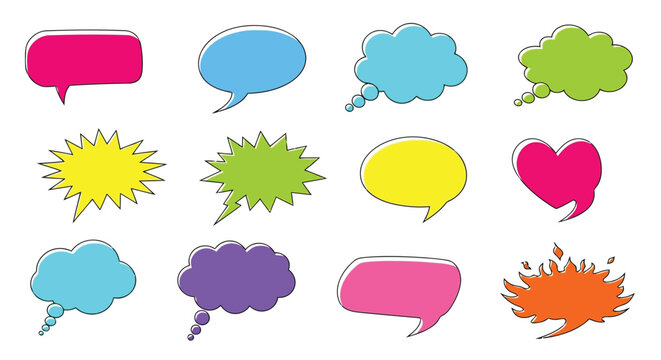 A collection of colorful comic book style speech bubbles