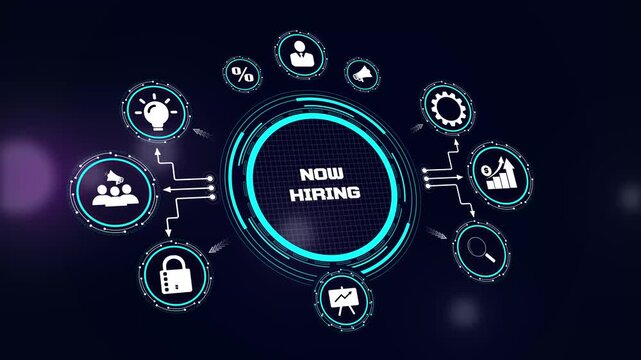 Professional now hiring hud animation for corporate talent acquisition, employee recruitment strategy, and staff growth visuals