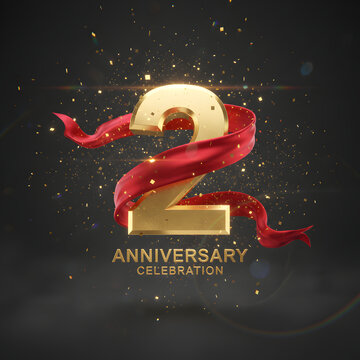Luxurious Second Anniversary Celebration Featuring a Golden Number Two Wrapped in a Vibrant Red Ribbon, Enhanced with Sparkling Confetti and Elegant Light Effects on a Dark Background