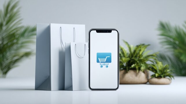 Phone and shopping bag illustrating hybrid event commerce concept for live shopping and consumer interaction engagement