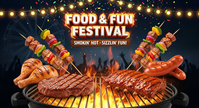 Food and fun festival bbq grill with ribs, steak, sausages and skewers