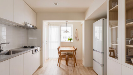 Fototapeta premium Bright Minimalist Kitchen with Dining Nook and Modern Appliances