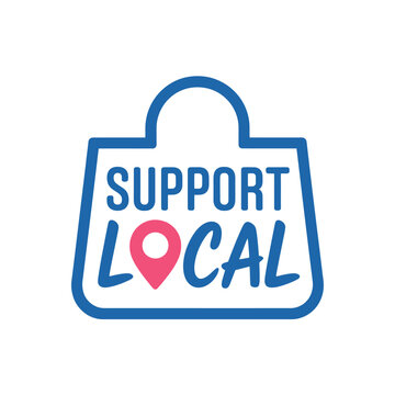A blue shopping bag graphic with support local and a location pin