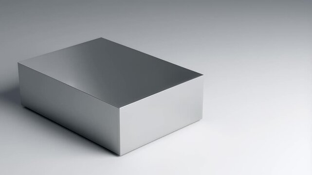 Minimalist view of polished aluminum block smoothly rotating on light background, showcasing metallic texture.