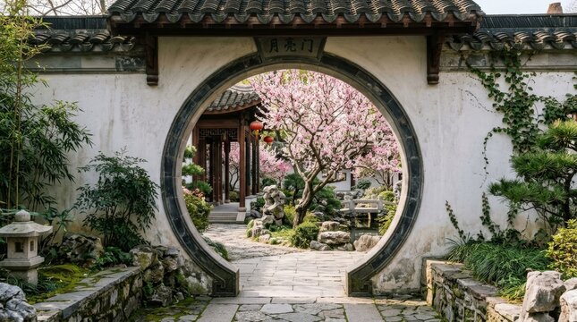 Enchanting Spring Blossom View Through a Traditional Chinese Garden Moon Gate