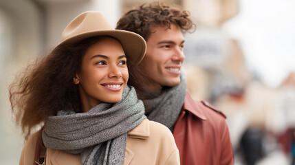 Fototapeta premium Young mixed couple walking and exploring city streets together, diverse relationship and urban lifestyle concept, defocused background, with copy space
