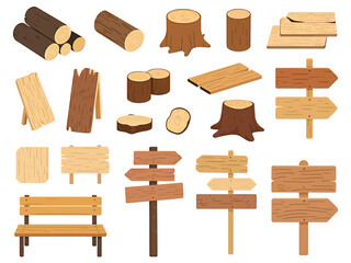 Fototapeta premium Collection of wooden logs and directional signs on white background