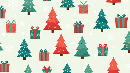 Obraz premium Festive seamless pattern with various red and green Christmas trees and gift boxes on a light background with snowflakes.
