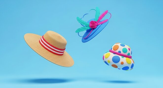 Colorful hats and sunglasses floating freely.