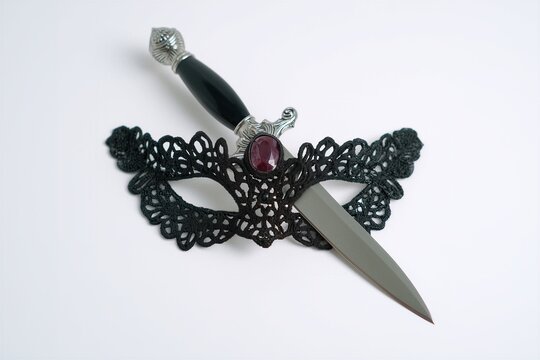 A black lace masquerade mask decorated with a ruby gem is placed over a decorative dagger on a white background, evoking themes of mystery, dark romance, and intrigue in a studio setting.
