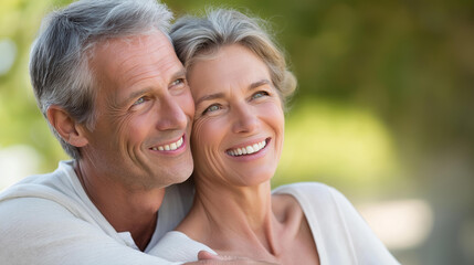 Obraz premium Happy mature couple laughing together outdoors, joyful senior lifestyle and relationship concept, defocused background, with copy space