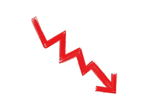 A red arrow pointing downward in a jagged line isolated on transparent background