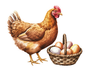 Fototapeta premium Hand painted watercolor chicken collection with hen, eggs, and basket in rustic farm style composition.