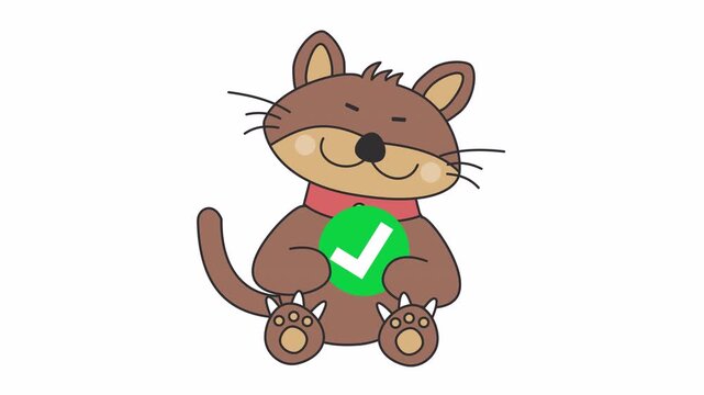 Cute cartoon cat holding green checkmark icon in an alpha channel. Success mascot brown kitten with approval symbol. Friendly cat character giving correct answer sign. Educational mascot kitty.