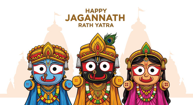 Vibrant cartoon illustration of lord jagannath balabhadra and subhadra on rath yatra