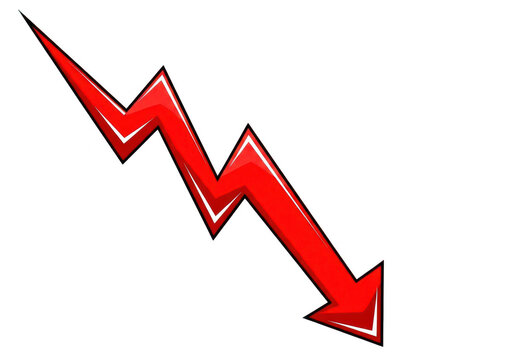 A red arrow pointing downwards in a zigzag pattern isolated on transparent background