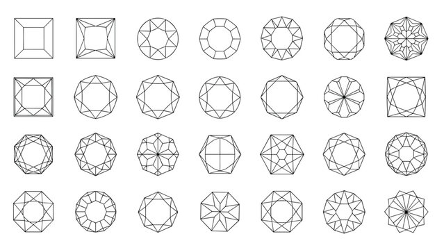 Detailed technical diagrams showing twenty eight different classic and modern gemstone cuts and facet patterns for jewelry design.