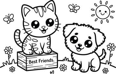 Obraz premium Adorable cartoon cat and dog playing happily outdoors with flowers and a cheerful sun