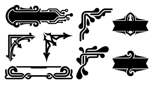 Set of black scifi banners, tribal corner borders, and gothic text boxes. Ideal for gaming overlays, futuristic UI design, and text placeholders
