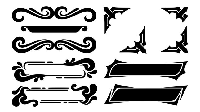 Collection of black decorative flourishes, blank text banners, elegant swirls, and sharp corner borders. Ideal for invitations, menus, and framing
