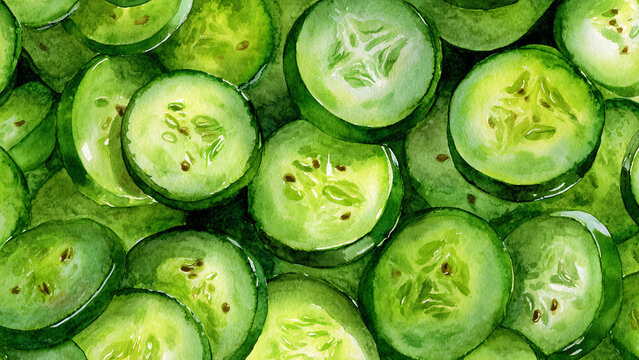 Hand-painted watercolor illustration of pickle slices in full frame composition, dense overlapping cucumber cuts with fresh green tones and visible seeds, perfect for food background.